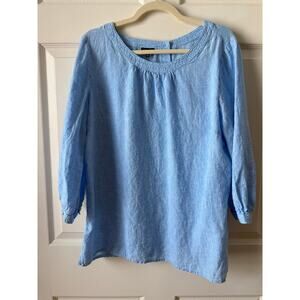 Talbots Blue Linen Peasant Blouse Coastal Ballet Neck Top Womens Size XL